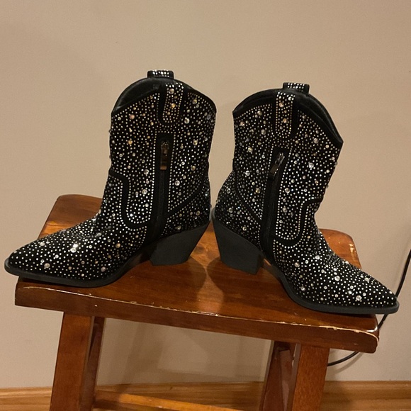 Women’s retro Black Studded Ankle cowboy Boots block heel western sz 36 pointy - Picture 3 of 11